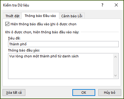 Tùy chọn Thông báo nhập của xác nhận tính hợp lệ dữ liệu