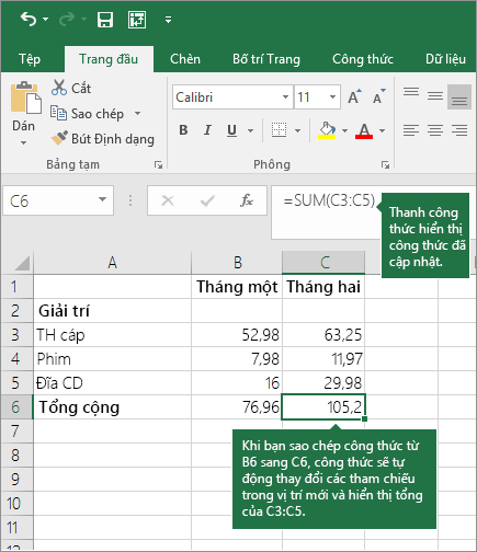 Khi bạn sao chép một công thức, các tham chiếu ô sẽ tự động cập nhật