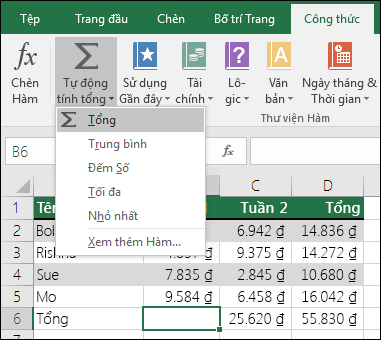 Bạn có thể sử dụng Trình hướng dẫn Tự Tính tổng để tự động xây dựng công thức Tổng.  Chọn một phạm vi ở trên/dưới hoặc bên trái/phải của phạm vi cần tính tổng, rồi đi đến tab Công thức trên Dải băng, sau đó chọn Tự Tính tổng & hàm SUM.