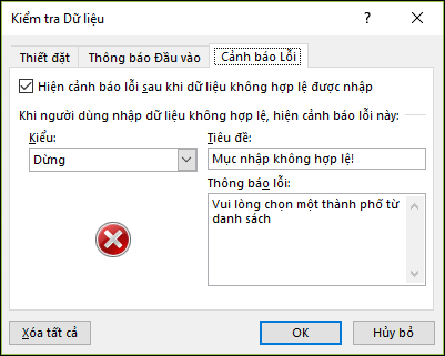 Tùy chọn Thông báo lỗi thả xuống của xác nhận tính hợp lệ dữ liệu