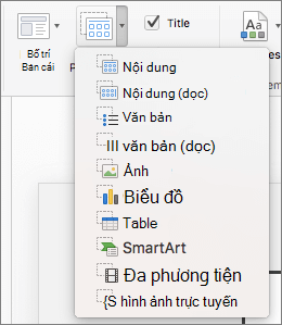 Ảnh chụp màn hình hiển thị các tùy chọn sẵn dùng từ danh sách thả xuống Chèn Chỗ dành sẵn, bao gồm Nội dung, Nội dung (Dọc), Văn bản, Văn bản (Dọc), Ảnh, Biểu đồ, Bảng, SmartArt, Phương tiện và Hình ảnh Trực tuyến.