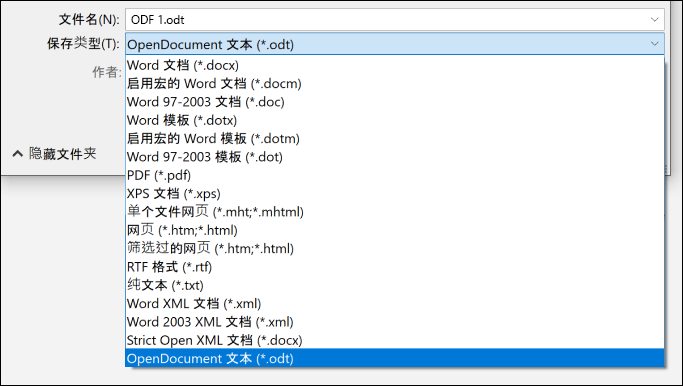 Word 中突出显示 ODT 文件格式的文件格式列表