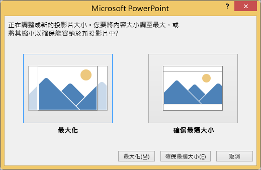 投影片大小縮放比例訊息