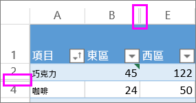 列與欄之間有兩條線，表示它們是隱藏的列或欄