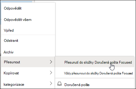 Snímek obrazovky znázorňuje nabídku zobrazenou po kliknutí pravým tlačítkem myši s možnostmi doručené pošty Přesunout do prioritní složky a Vždy přesunout do složky Doručená pošta Prioritní.