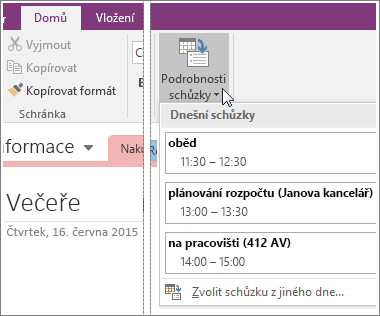 Snímek obrazovky tlačítka Podrobnosti schůzky ve OneNotu 2016