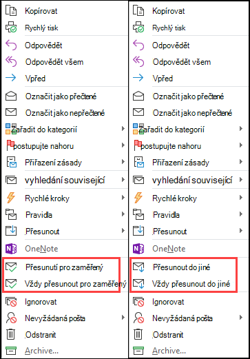 Souběžné zobrazení možností Přesunout a Vždycky přesouvat