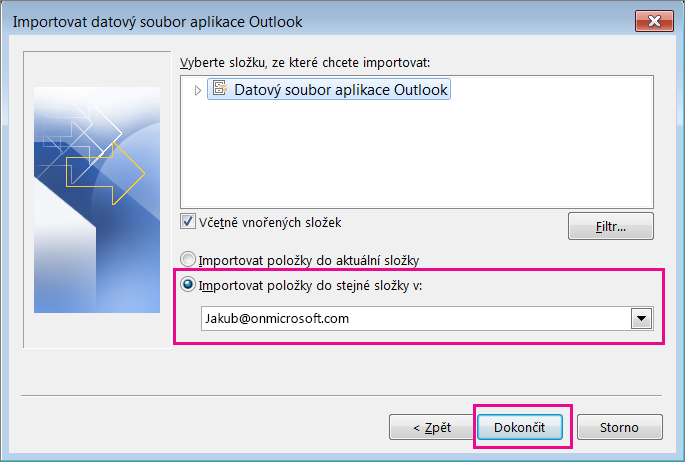 Zvolte Dokončit, aby se soubor PST Outlooku importoval do schránky Office 365.