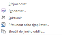 OneNote pro Windows 2016 – Místní nabídka oddílu zobrazená po kliknutí pravým tlačítkem myši, včetně příkazu Přesunout nebo kopírovat