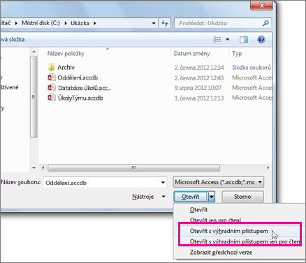 Dialogové okno Otevřít s rozbaleným rozevíracím seznamem tlačítka Otevřít a ukazatelem myši nad možností Otevřít s výhradním přístupem