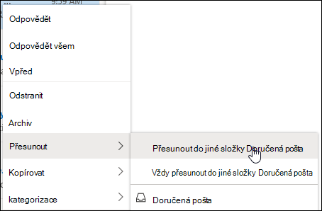 Snímek obrazovky znázorňuje nabídku po kliknutí pravým tlačítkem s možnostmi pro položky Doručená pošta Přesunout do jiného a Vždy přesunout do složky Doručená pošta Jiné.