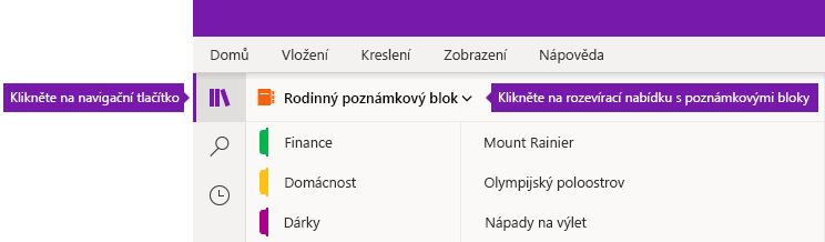Rozbalení seznamu poznámkových bloků ve OneNotu pro Windows 10