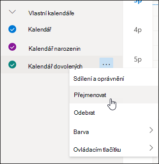 Snímek obrazovky s místní nabídkou kalendáře a vybranou možností Přejmenovat