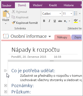 Snímek obrazovky s postupem, jak sbalit osnovu ve OneNotu 2016