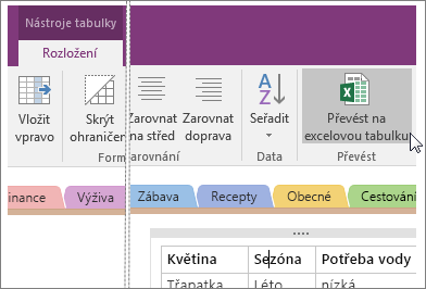 Snímek obrazovky s tlačítkem Převést na excelovou tabulku ve OneNotu 2016