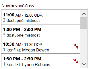 Pomocí nástroje Pro výběr navrhovaných časů můžete zjistit, kdy jsou účastníci k dispozici.