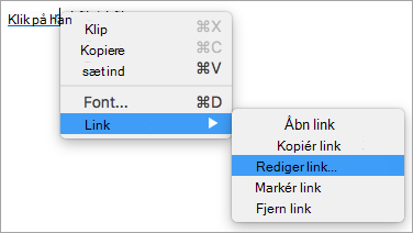 Viser indstillingen Rediger link i menuen Link