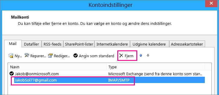 Markér den Gmail-konto, du vil fjerne, og vælg derefter Fjern.
