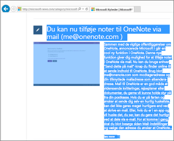 Skærmbillede, hvor der vises en del af en webside, som er markeret til kopiering.