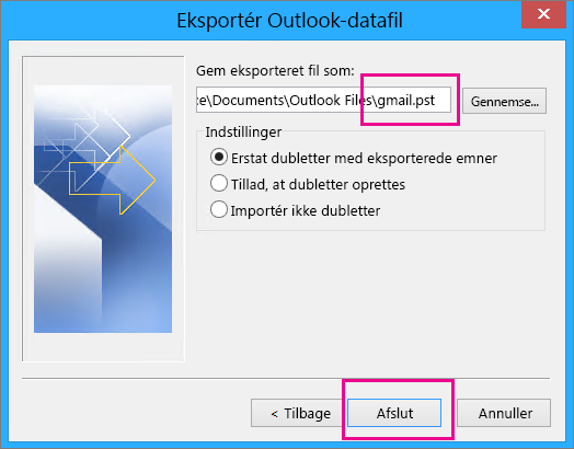 Gå til den placering, hvor du vil oprette pst-filen, som lagrer dine Gmail-meddelelser, og skriv et navn til pst-filen.