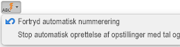 Knappen Autokorrektur med viste indstillinger for automatisk nummerering