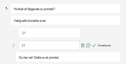 Tilpasset korrekt svarmeddelelse i Microsoft Forms