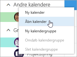 Et skærmbillede af genvejsmenuen for Andre kalendere med Åbn kalender markeret.