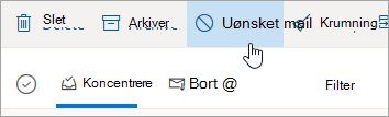 Skærmbillede af knappen Uønsket i Outlook.com.