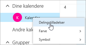 Et skærmbillede af genvejsmenuen for Din kalender med Delingstilladelser markeret.