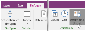 Screenshot der Schaltfläche "Datum und Uhrzeit" in OneNote 2016