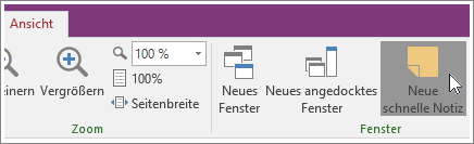 Screenshot der Schaltfläche "Neue schnelle Notiz" in OneNote 2016