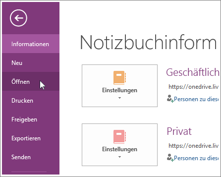Öffnen eines Notizbuchs über das Menü 'Datei'