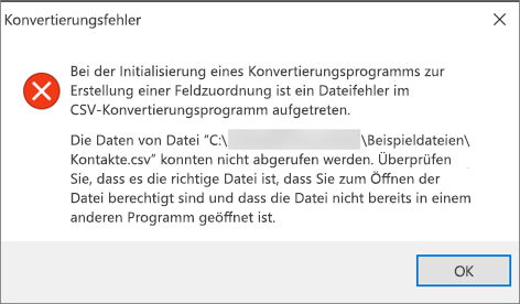 Dies ist die Fehlermeldung, die Angezeigt wird, wenn die .csv Datei leer ist.