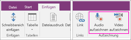 Screenshot des Menüs "Einfügen" mit AV-Schaltflächen in OneNote 2016