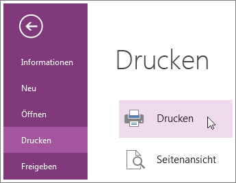 Sie können OneNote-Seiten aus dem Menü 'Drucken' drucken