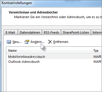 Auf das gewünschte Adressbuch und dann auf 'Ändern' klicken