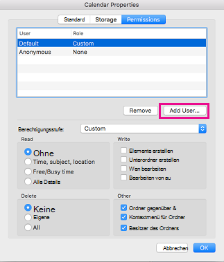 Schaltfläche "Benutzer hinzufügen" auf der Registerkarte "Kalenderberechtigungen"