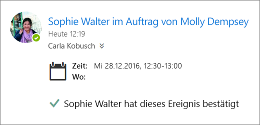 Screenshot einer Besprechungseinladung, die von einer Stellvertretung angenommen wurde.