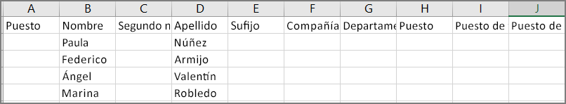 Ejemplo del aspecto de un archivo csv después de exportar contactos desde Outlook