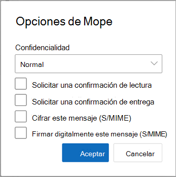 En un mensaje nuevo, seleccione Más opciones para ver las opciones de cifrado disponibles.