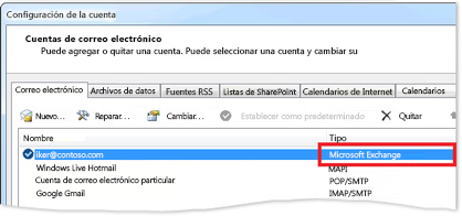 Ejemplo de una cuenta de Exchange en el cuadro de diálogo Configuración de la cuenta