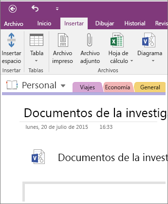 Captura de pantalla de cómo insertar un nuevo diagrama de Visio en OneNote 2016.