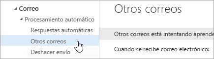 Captura de pantalla del puntero sobre Otros correos en el menú Configuración.