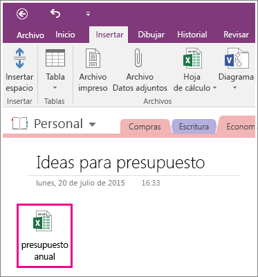 Captura de pantalla de una hoja de cálculo adjunta en OneNote 2016.