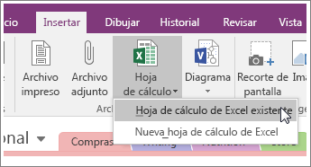 Captura de pantalla del botón Insertar hoja de cálculo en OneNote 2016.