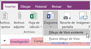 Captura de pantalla del botón Insertar diagrama en OneNote 2016.