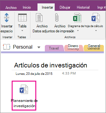 Captura de pantalla de cómo adjuntar un archivo de Visio a una página en OneNote 2016.