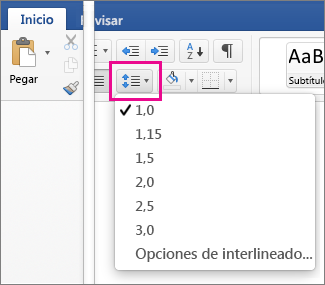 En la pestaña Inicio, Interlineado está resaltado