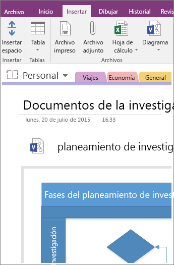 Captura de pantalla de cómo agregar un diagrama de Visio existente en OneNote 2016.