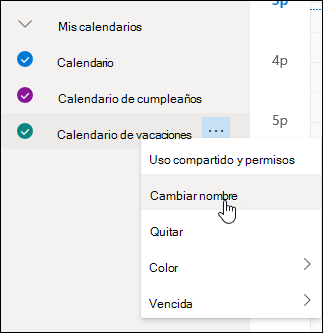 Captura de pantalla del menú contextual del calendario con la opción Cambiar nombre seleccionada